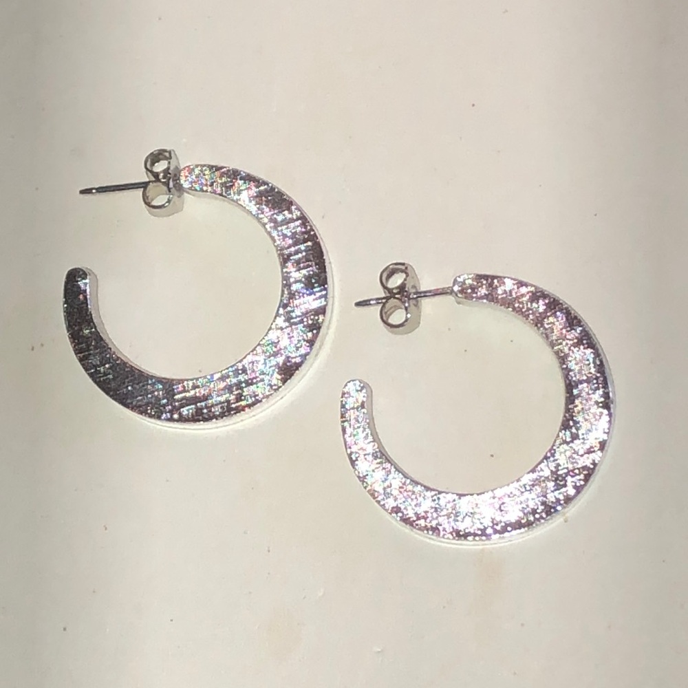 Silver Tone Textured Flat Open Hoop Earrings
